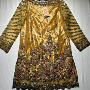 NWT Maria B Embellished Kurta Dress S Antique Gold Luxury Desi Wedding Formal